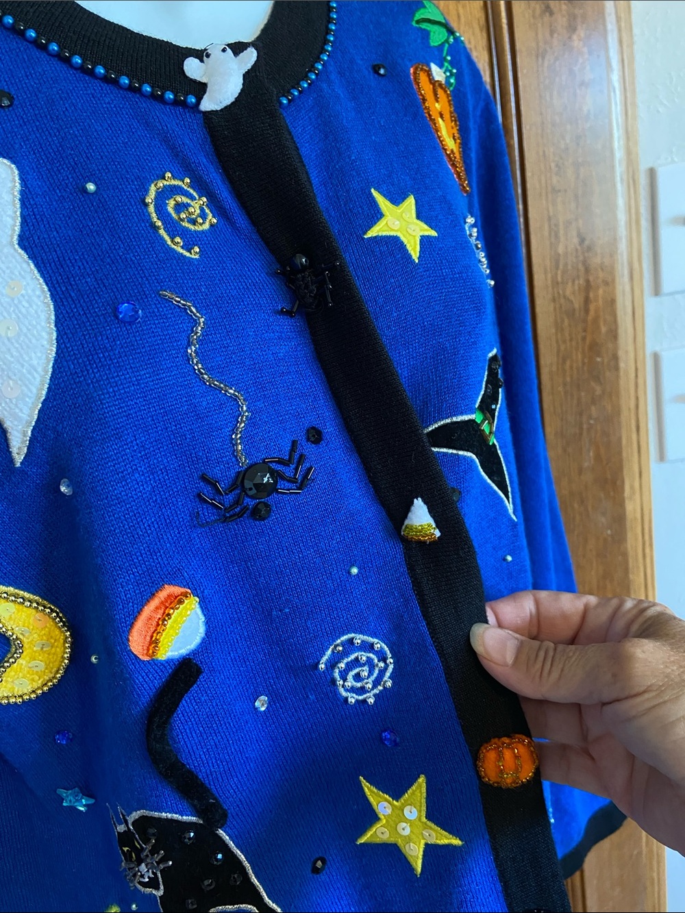 Jack B Quick Halloween Cardigan features Charms Beads patches Size Small - Picture 3 of 15